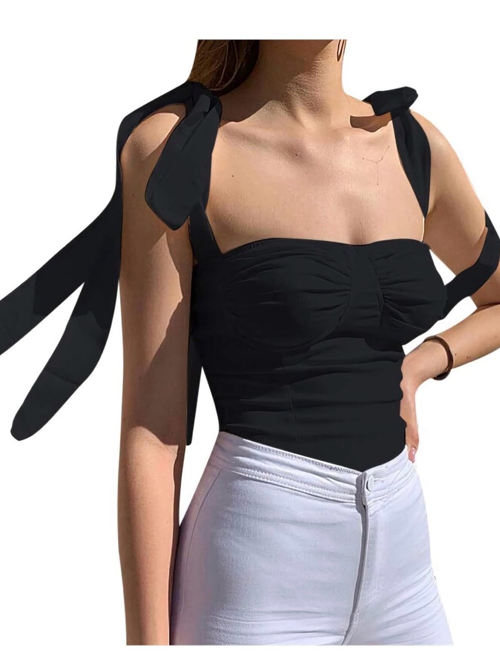 Black Tie-Shoulder Ruched Bustier Tank Top